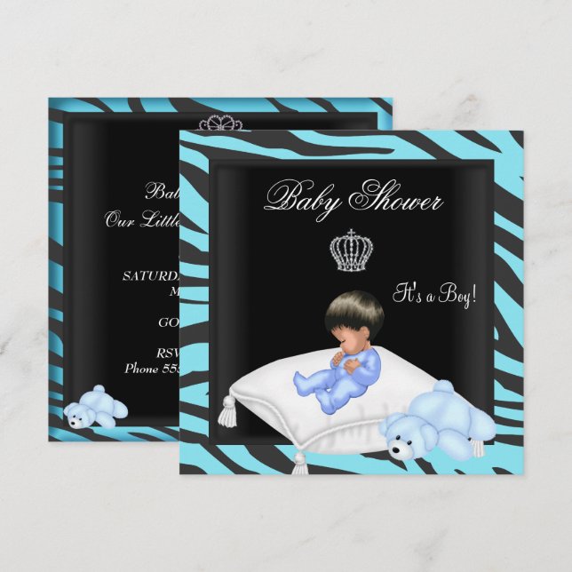 Zebra Baby Shower Boy Blue Black Crown Prince Invitation (Front/Back)