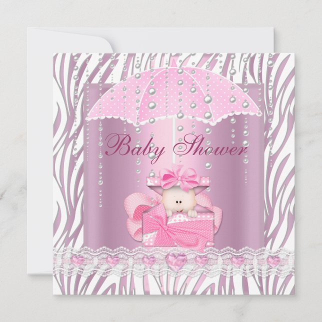Zebra Baby Shower Girl Baby Pink Umbrella White Invitation (Front)