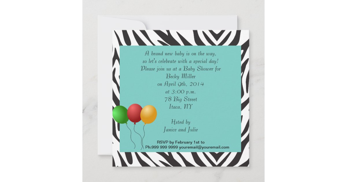 Zebra Baby Shower Party teal Invitation Zazzle