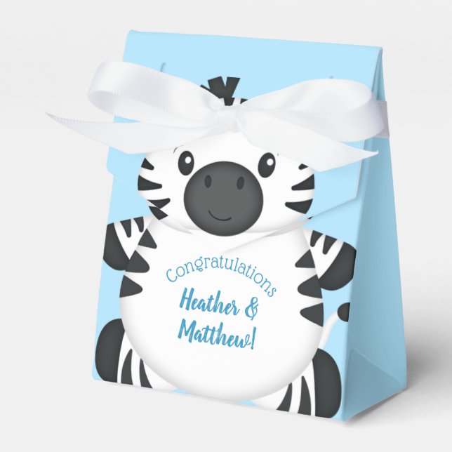 Zebra Baby Shower Safari Blue Boy Favour Box (Front Side)
