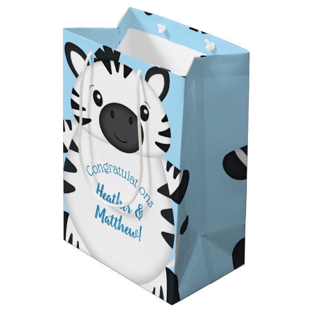 Zebra Baby Shower Safari Blue Boy Medium Gift Bag (Back Angled)