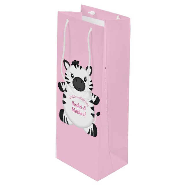 Zebra Baby Shower Safari Pink Girl Wine Gift Bag (Front Angled)