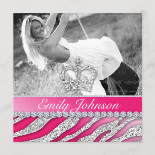Zebra Birthday Party Sweet Sixteen Pink Glitter Invitation