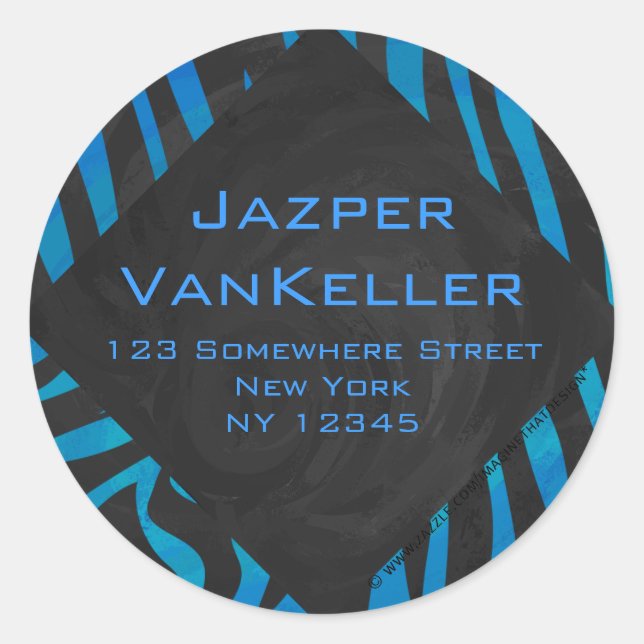 Zebra Black and Blue with Monogram Classic Round Sticker (Front)
