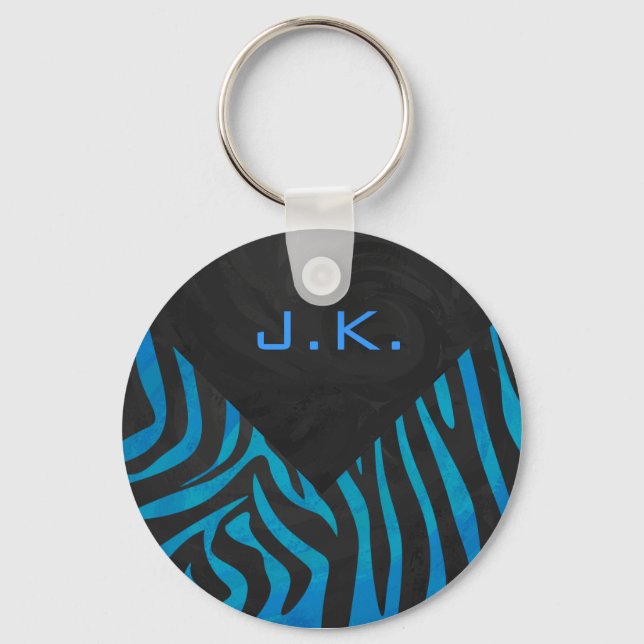Zebra Black and Blue with Monogram Key Ring (Front)