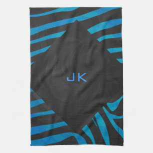 Zebra Black and Blue with Monogram Tea Towel