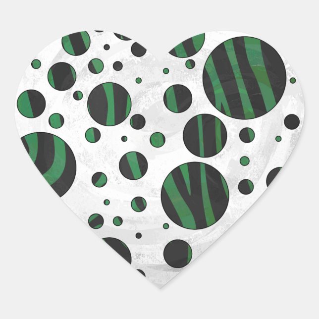 Zebra Black and Green Polka Dot Heart Sticker (Front)