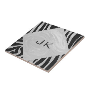 Zebra Black and Light Grey Monogram Ceramic Tile