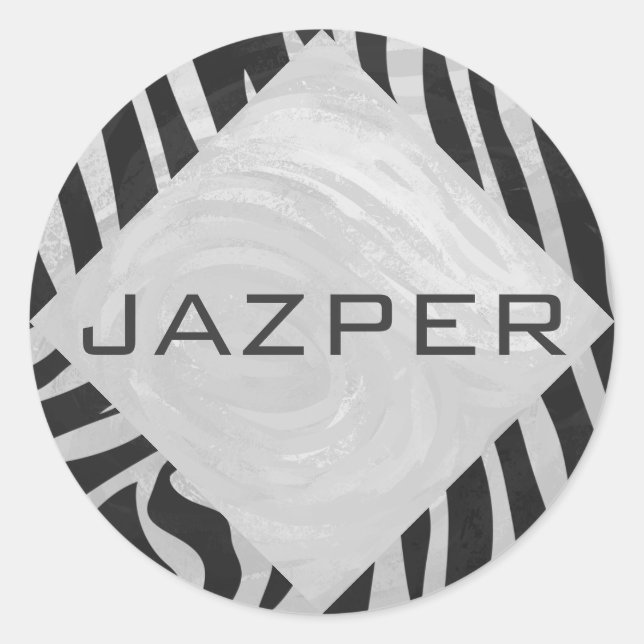 Zebra Black and Light Grey Monogram Classic Round Sticker (Front)