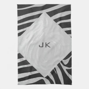 Zebra Black and Light Grey Monogram Tea Towel