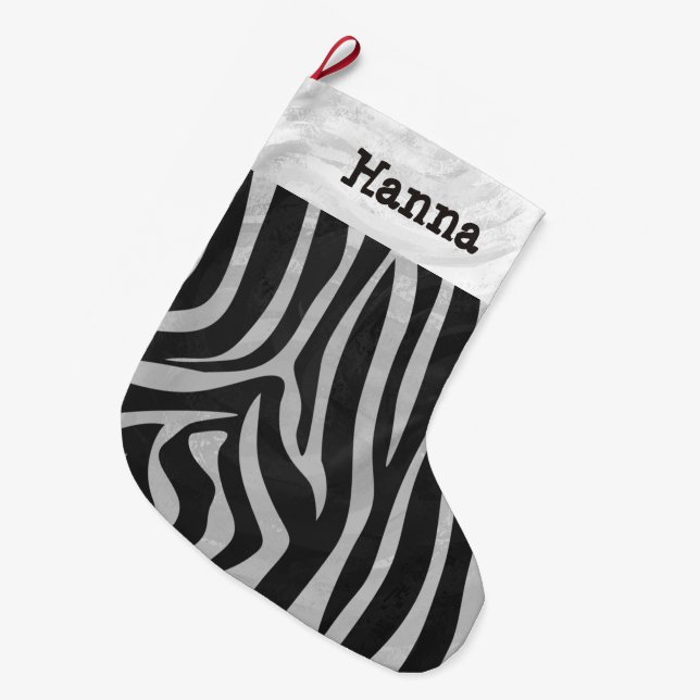 Zebra Black and Light Grey Print with name Large Christmas Stocking (Front (Hanging))