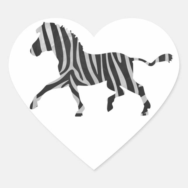 Zebra Black and Light Grey Silhouette Heart Sticker (Front)