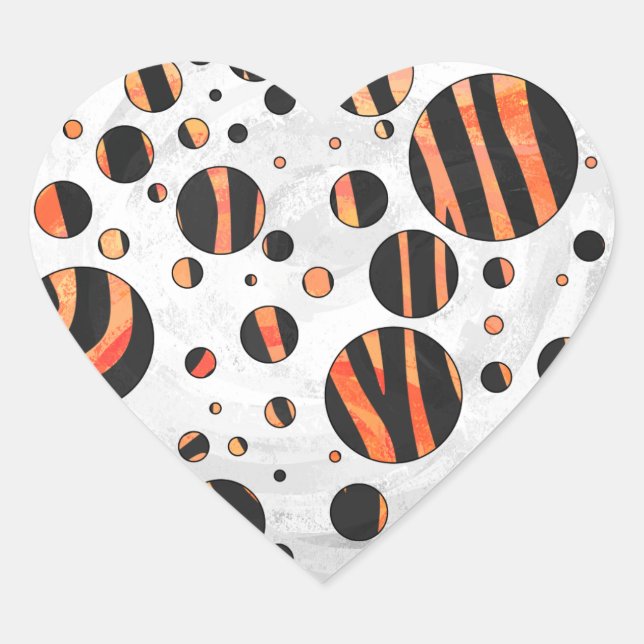 Zebra Black and Orange Polka Dots Heart Sticker (Front)