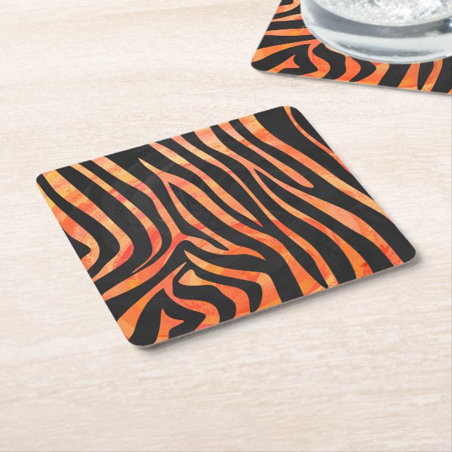 Zebra Black and Orange Print Square Paper Coaster (Angled)