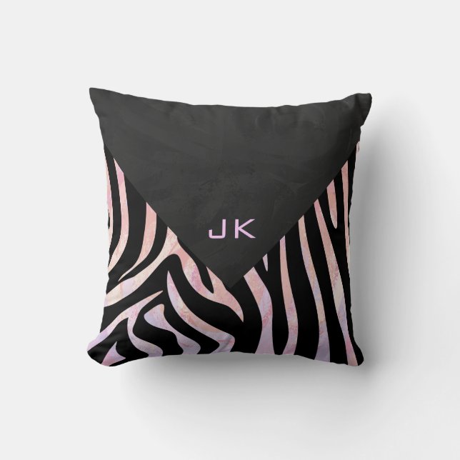 Zebra Black and Pink Monogram Cushion (Front)