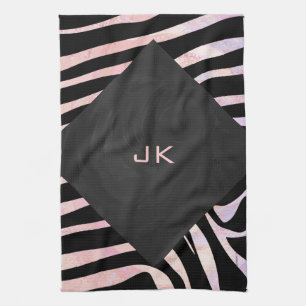 Zebra Black and Pink Monogram Tea Towel