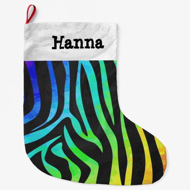 Zebra Black and Rainbow Print Large Christmas Stocking (Front)