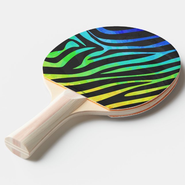 Zebra Black and Rainbow Print Ping Pong Paddle (Front Angle)