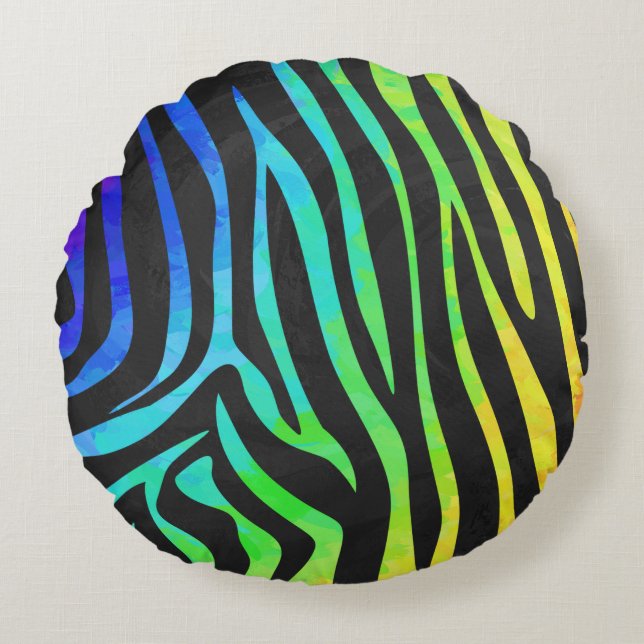 Zebra Black and Rainbow Print Round Cushion (Front)