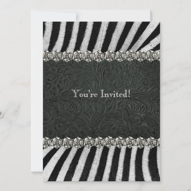 Zebra Black Leather Rhinestone Retirement Party Invitation (Front)