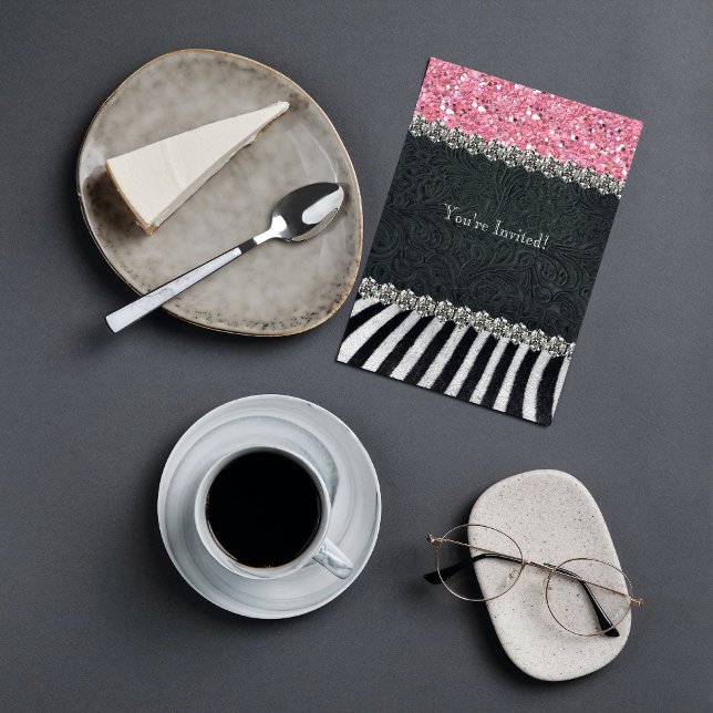 Zebra Black Pink Glitter Bridal Shower Invitation (Creator Uploaded)