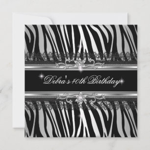 Zebra Black Silver White 40th Birthday Party Invitation