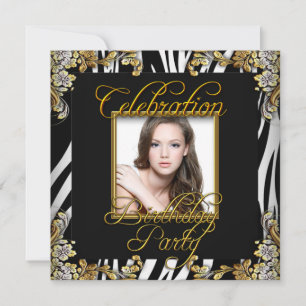 Zebra Black White Gold Photo Birthday Party Invitation