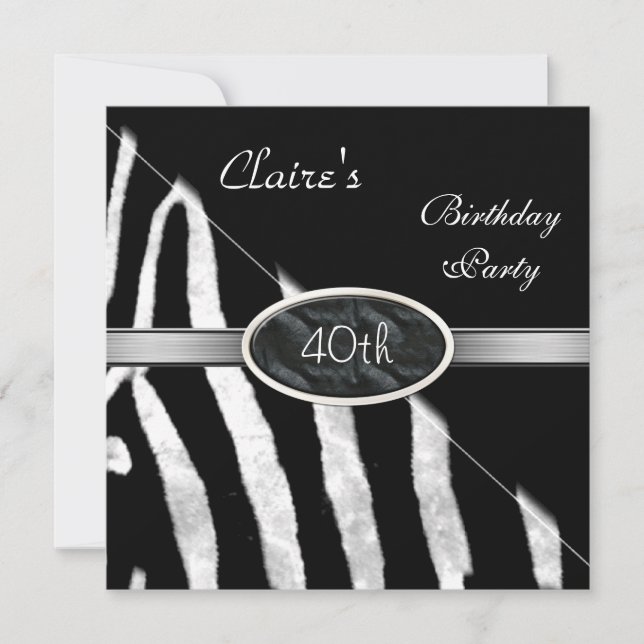 Zebra Black White Silver 40th Birthday Party Invitation (Front)