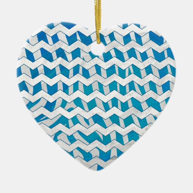 Zebra Blue and White Chevron Ceramic Tree Decoration (Front)