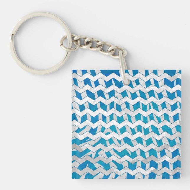 Zebra Blue and White Chevron Key Ring (Front)