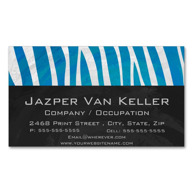 Zebra Blue and White Print Magnetic Business Card (Front)