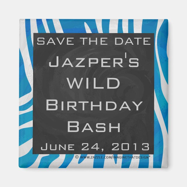 Zebra Blue and White save the date Magnet (Front)