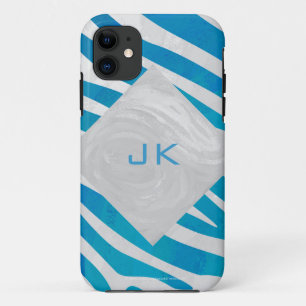 Zebra Blue and White with Monogram iPhone 11 Case