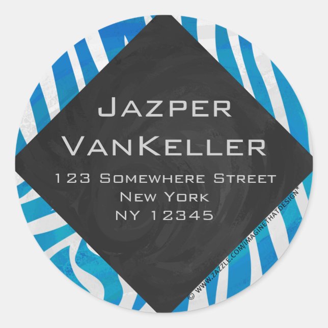 Zebra Blue and White with Monogram Classic Round Sticker (Front)
