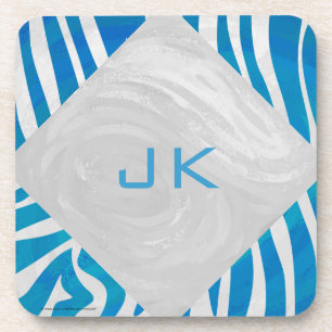 Zebra Blue and White with Monogram Coaster