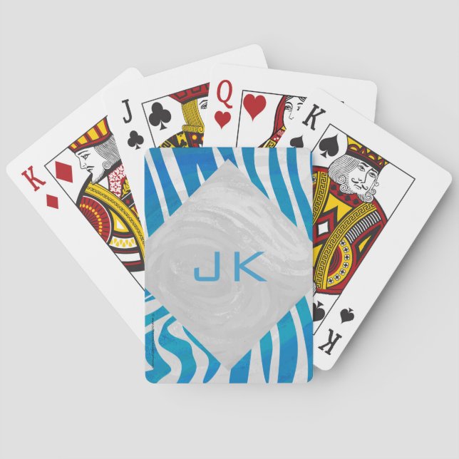 Zebra Blue and White with Monogram Playing Cards (Back)