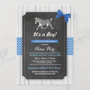 Zebra Blue Baby Shower Party Boy Wood Invite