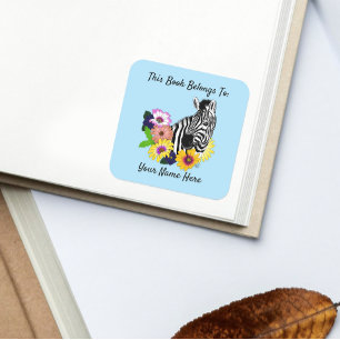 Zebra Blue Colourful Daisy Floral Bookplate Square Sticker