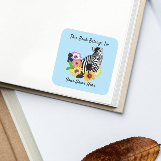 Zebra Blue Colourful Daisy Floral  Bookplate Square Sticker (Creator Uploaded)