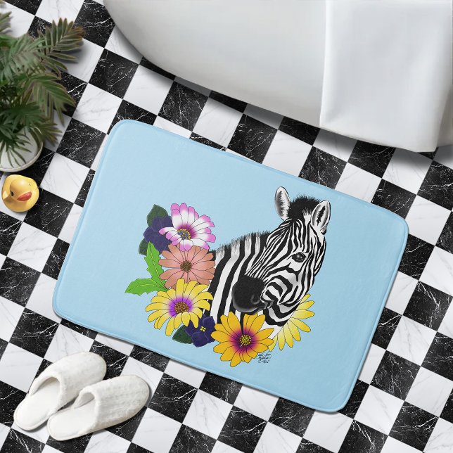 Zebra Blue Colourful Daisy Floral Wildlife Bath Mat (Creator Uploaded)