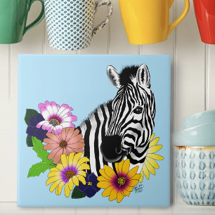 Zebra Blue Colourful Daisy Floral Wildlife Ceramic Tile