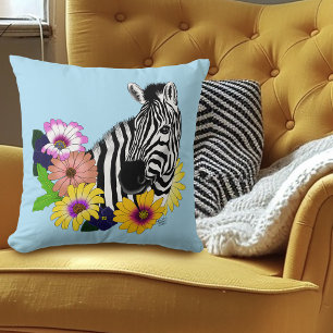 Zebra Blue Colourful Daisy Floral Wildlife Cushion