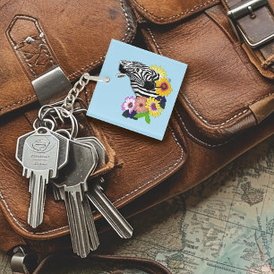 Zebra Blue Colourful Daisy Floral Wildlife Key Ring