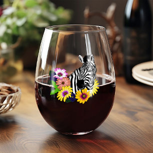 Zebra Blue Colourful Daisy Floral Wildlife Stemless Wine Glass