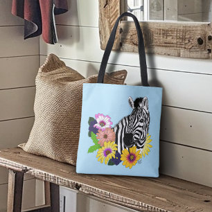 Zebra Blue Colourful Daisy Floral Wildlife Tote Bag