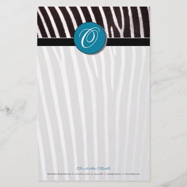 zebra; blue monogram stationery (Front)