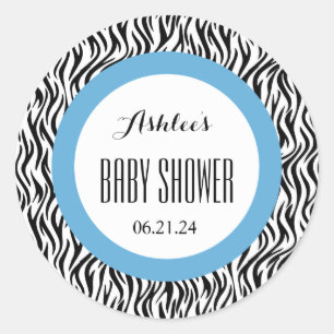 ZEBRA Boy Baby Shower Name Date V04 BLUE BLACK Classic Round Sticker