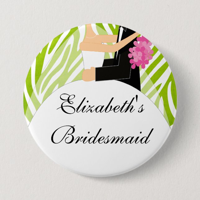 Zebra Bride Bridesmaid  Button / Pin Lime Green (Front)