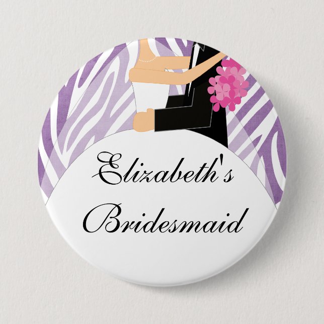 Zebra Bride Bridesmaid  Button / Pin Purple (Front)