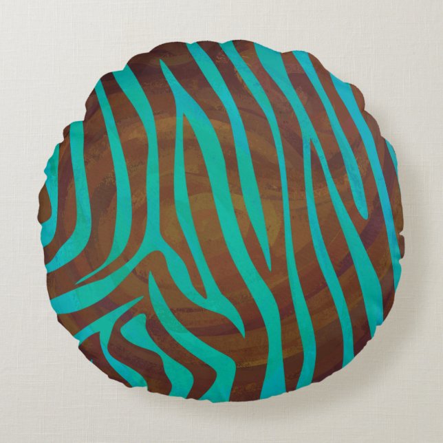 Zebra Brown and Teal Print Round Cushion (Front)